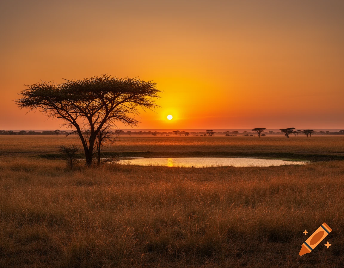 Photorealistic African savanna landscape at sunset with an acacia tree silhouetted against a bright orange sky.