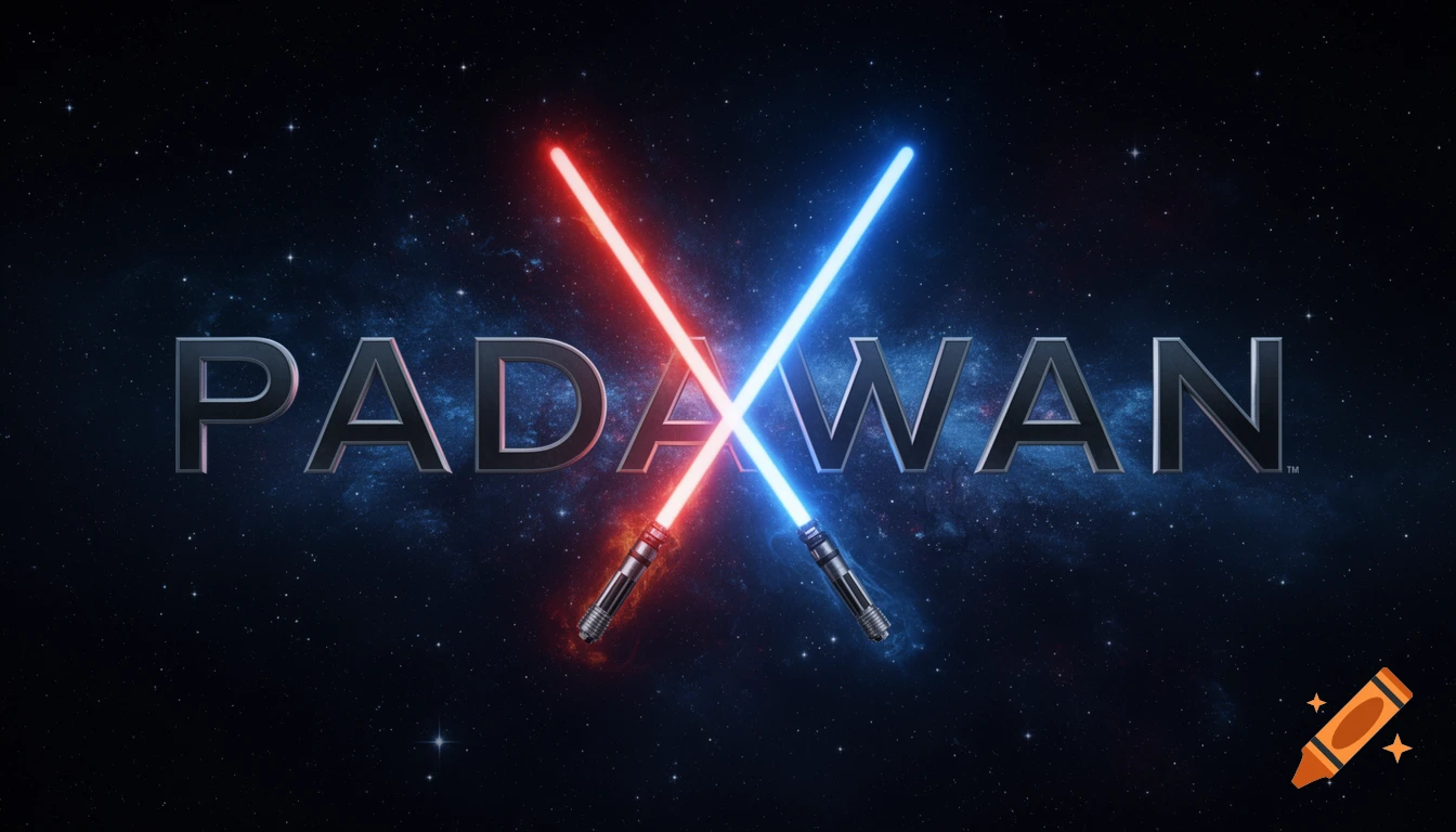 The word 'PADAWAN' in a metallic, Star Wars-like font, with the 'W' replaced by crossed red and blue lightsabers against a starry space background.