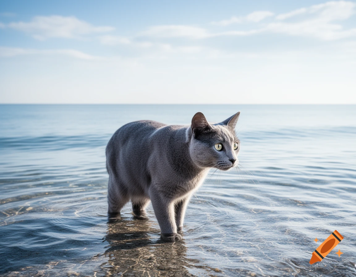 A grey cat with bright green eyes stands in shallow, clear blue ocean water under a clear blue sky.