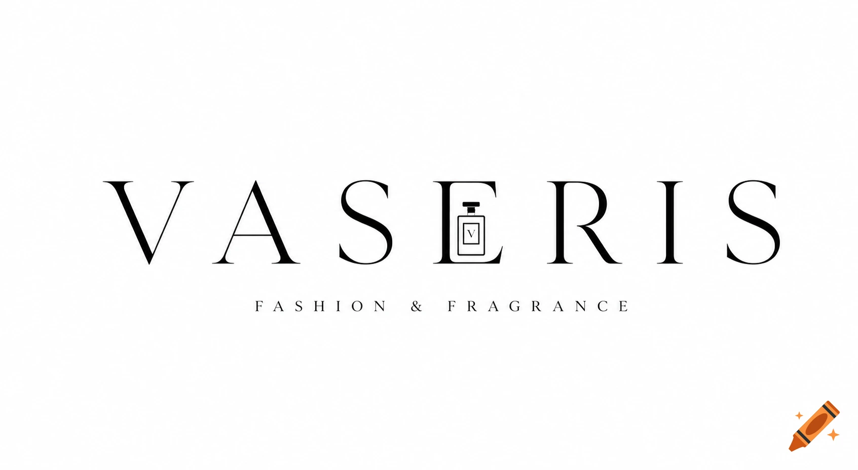Black and white minimalist logo for VASERIS, featuring elegant serif typography and a small perfume bottle icon within the letter 'E', with 'FASHION & FRAGRANCE' tagline below.