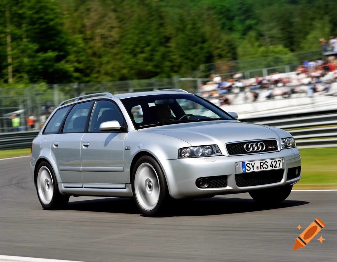 A silver Audi RS4 Avant wagon speeds on a race track with a blurry green forest and spectator stands in the background.