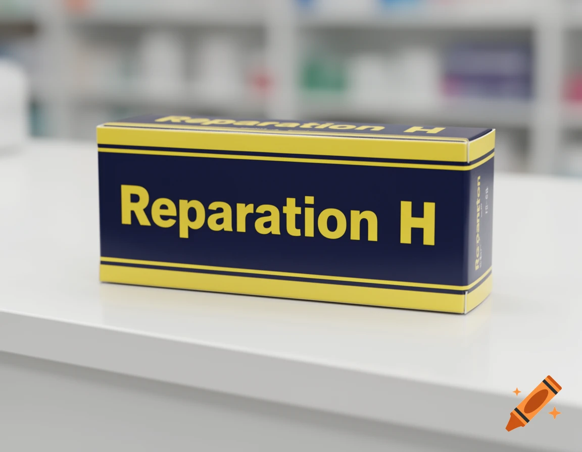 Photorealistic image of a dark blue and yellow box labeled 'Reparation H' on a white counter in a blurred pharmacy setting.