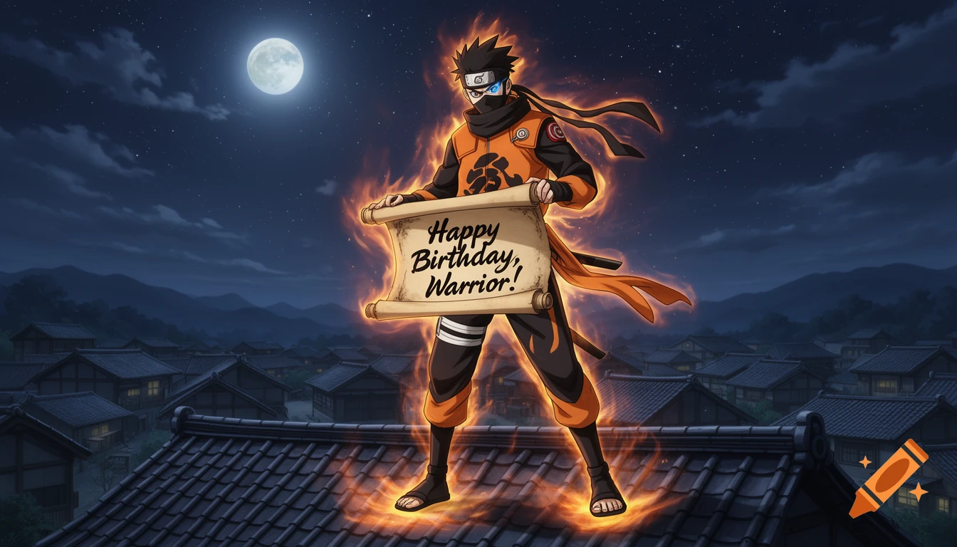 Anime ninja warrior glowing with energy on a rooftop at night, holding a scroll with 'Happy Birthday, Warrior!' written on it.