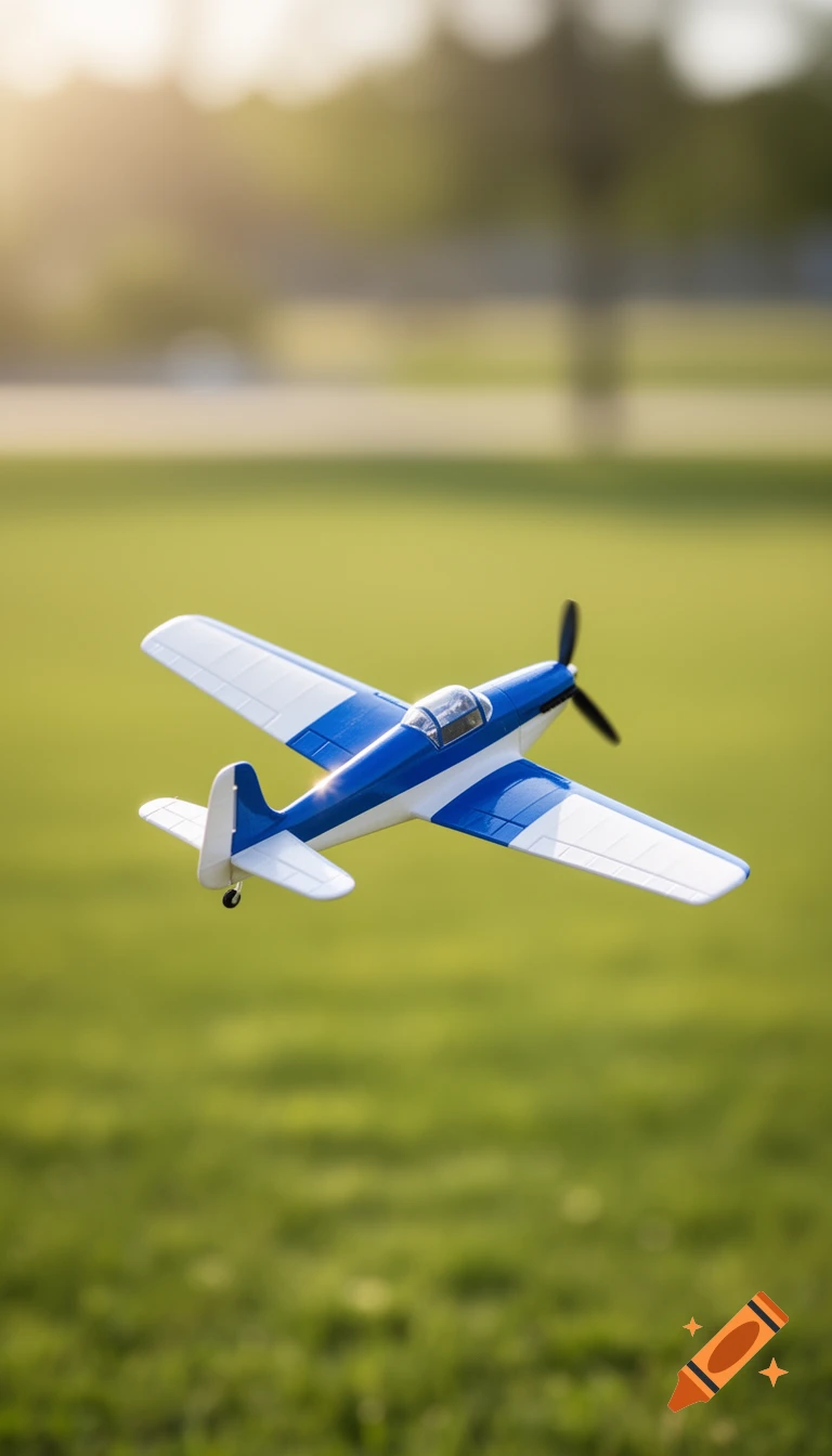 A blue and white model airplane flying over a blurry green field under sunlight.