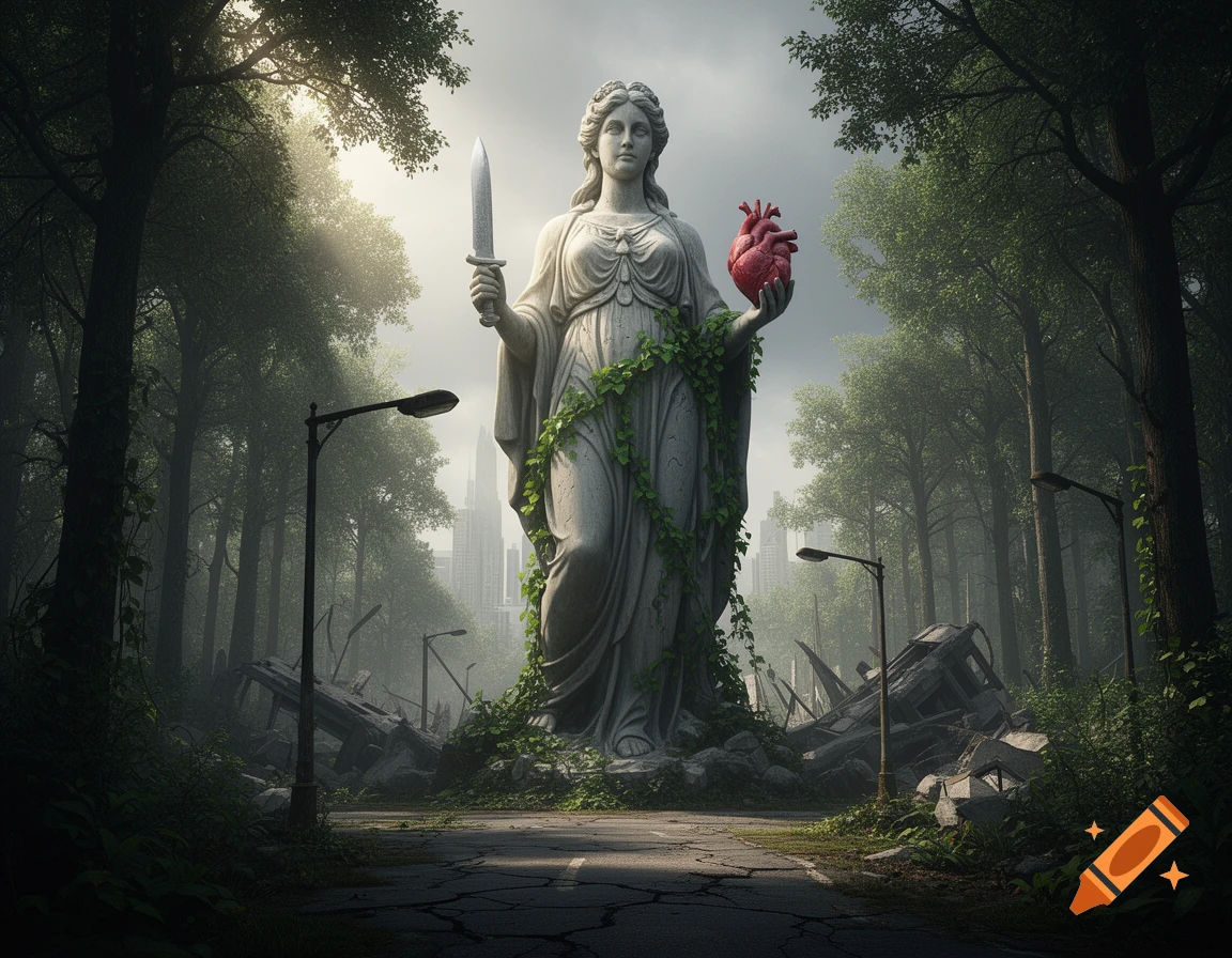 Photorealistic giant goddess statue, overgrown with vines, holding a sword and a heart, in a post-apocalyptic forest.