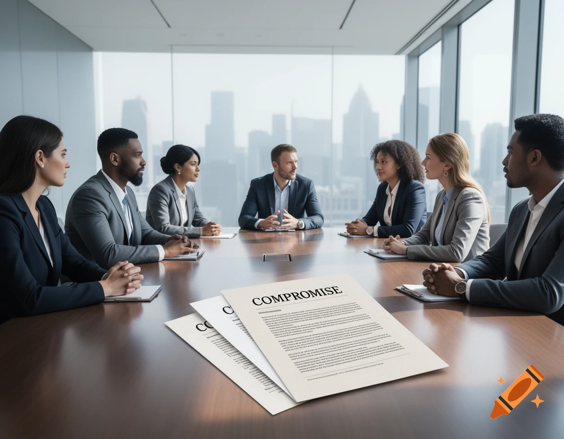Diverse business professionals in suits at a conference table, looking at a document titled 'COMPROMISE' in a modern office.