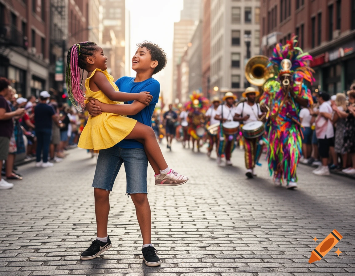 A boy playfully holds a girl in the air, both laughing joyfully on a cobblestone street during a vibrant city parade.