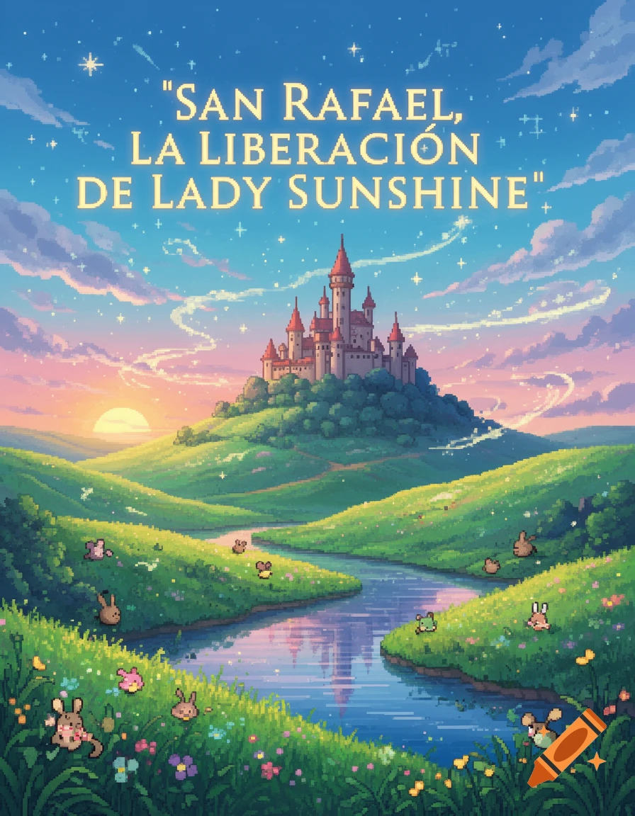 Pixel art fantasy book cover showing a castle on a green hill, river, and bunnies at sunset. Text: 'SAN RAFAEL, LA LIBERACIÓN DE LADY SUNSHINE'.