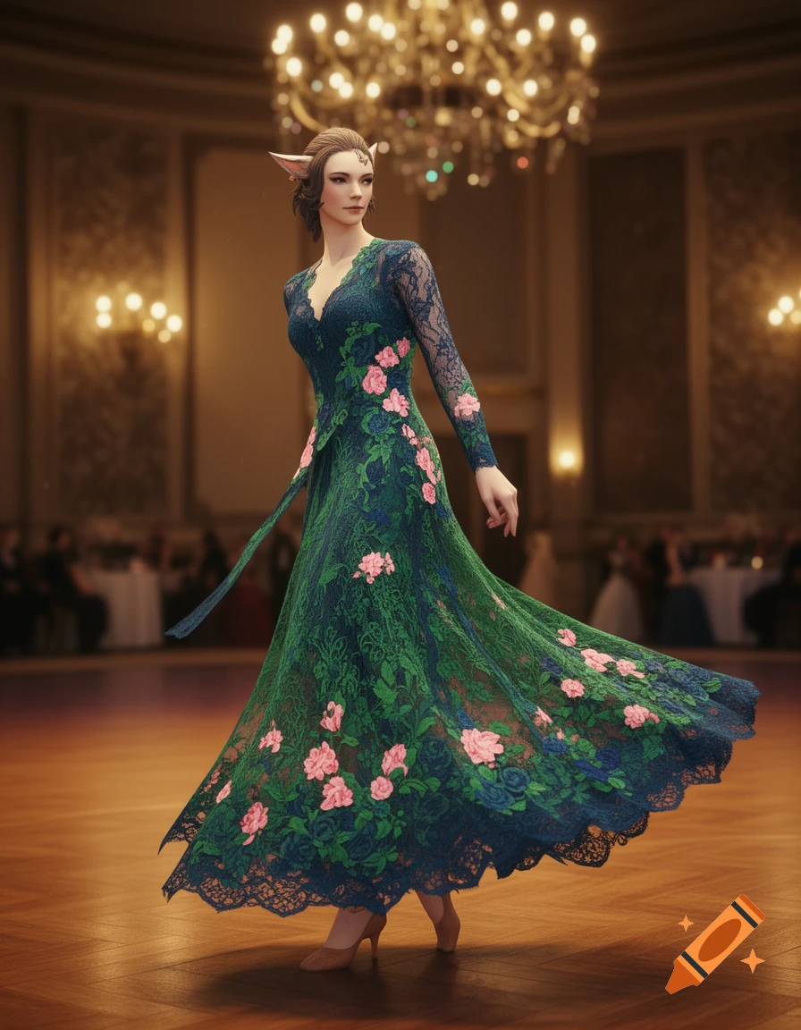 An elezen woman in a green and blue lace floral dress with pink flowers dances in a ballroom.
