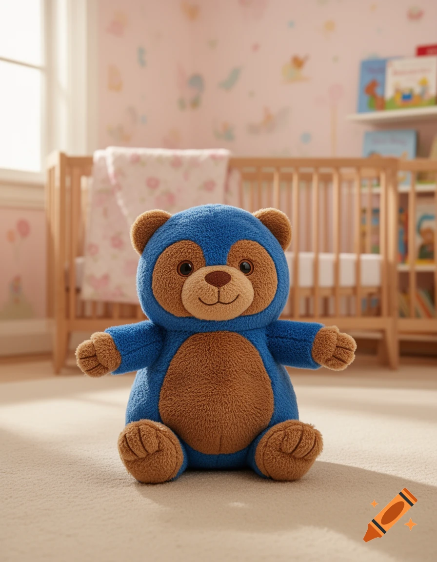 A photorealistic blue and brown teddy bear sits on a carpet in a brightly lit child's nursery with a wooden crib.