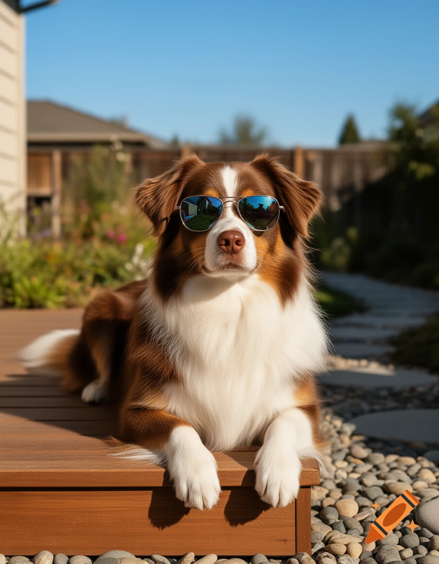 A brown and white Australian Shepherd dog wearing reflective blue aviator sunglasses, lying on a wooden deck in a sunny backyard.