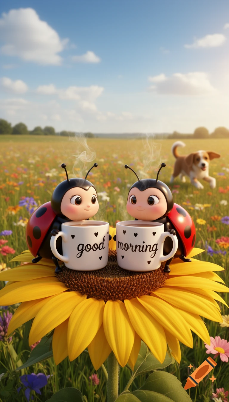 Two cute 3D cartoon ladybugs on a sunflower, each holding a coffee mug with "good" and "morning" text, in a sunny meadow with a dog.