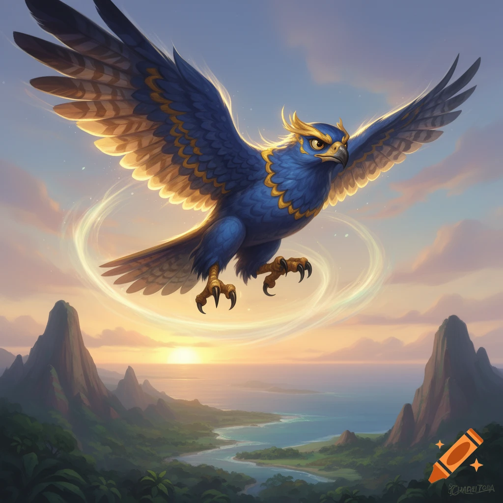 A majestic blue and gold hawk with spread wings soars over a lush tropical landscape with mountains and ocean at sunset.