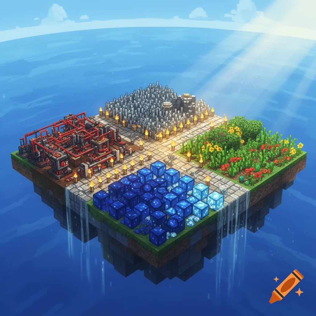 A pixel art Minecraft-style floating island divided into four resource zones: a redstone factory, a grey city, blue crystal blocks, and a green garden, under a sunny sky.