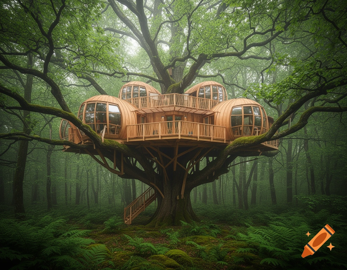 A grand treehouse with multiple spherical wooden pods and balconies nestled in a large tree within a lush, misty forest.