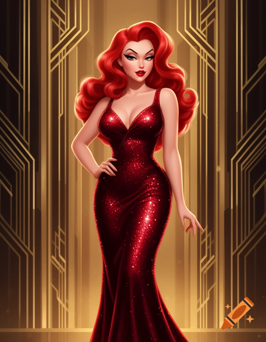 A cartoon woman with long red hair in a sparkly red evening gown poses against a gold Art Deco background.