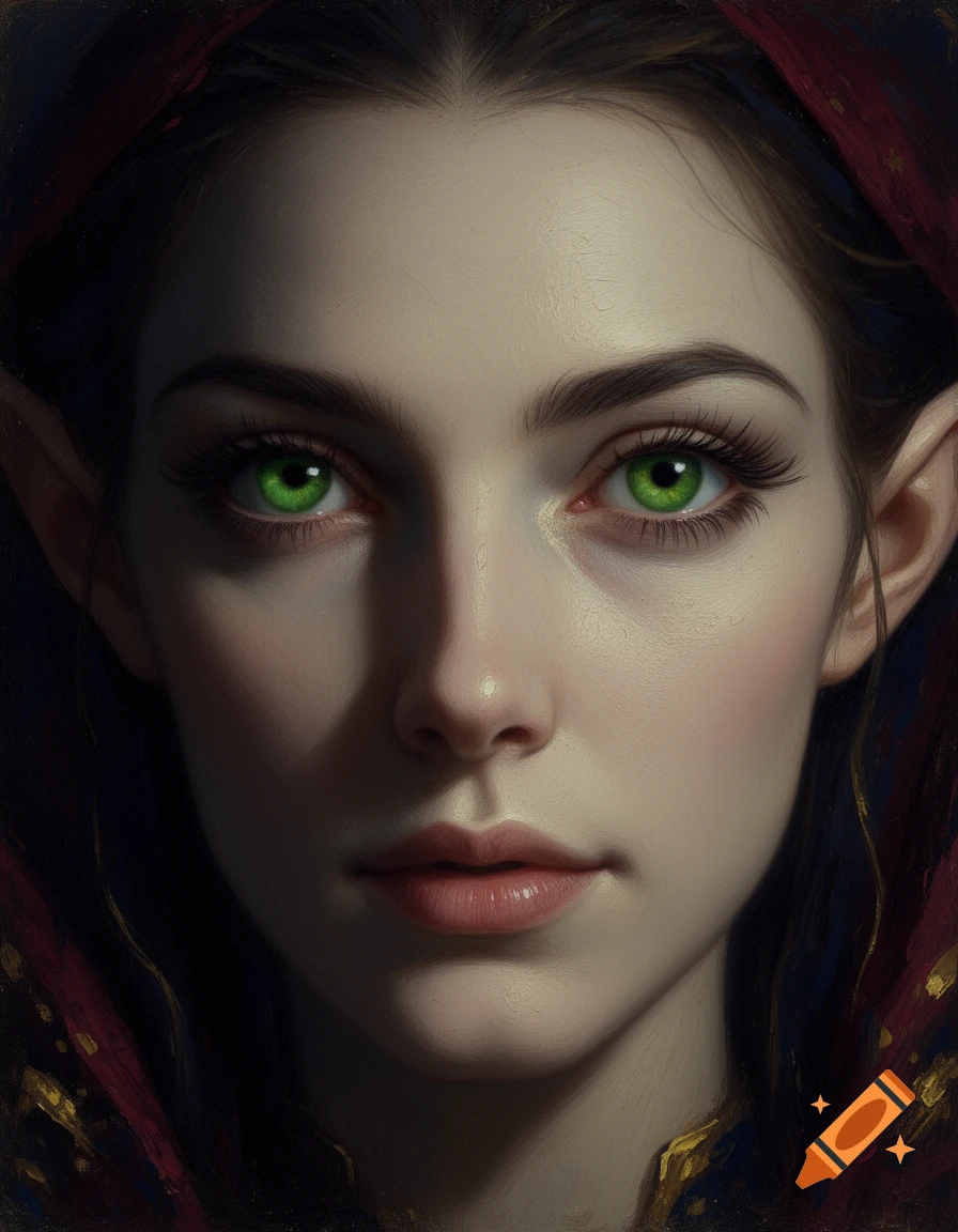 Close-up portrait of an elven woman with bright green eyes and pointed ears, rendered in a dark, painterly style.