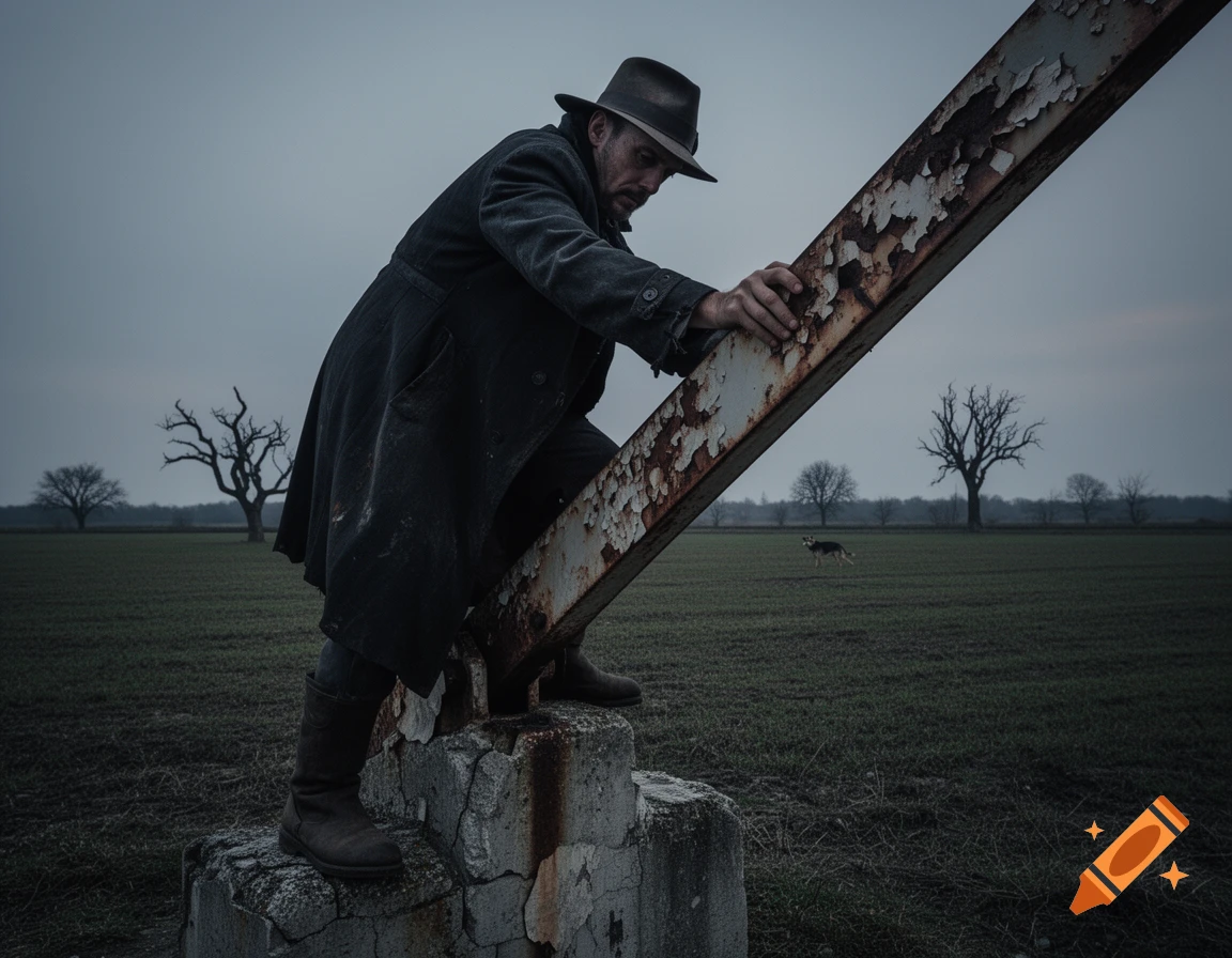 A man in a trench coat and fedora climbs over a rusty metal beam in a desolate field under a grey sky, with a dog and bare trees in the background.