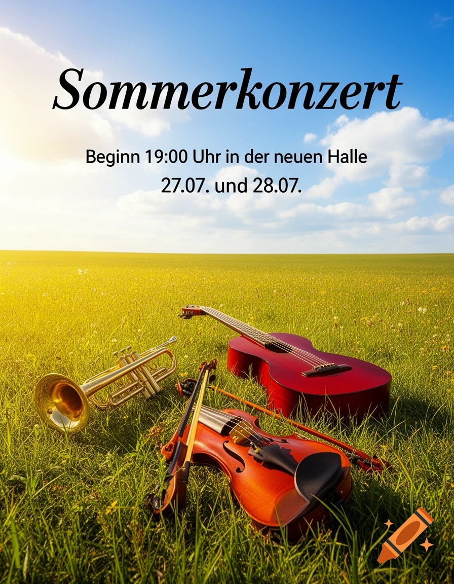 A flyer for a summer concert featuring a violin, trumpet, and guitar on a vibrant green field under a clear blue sky.