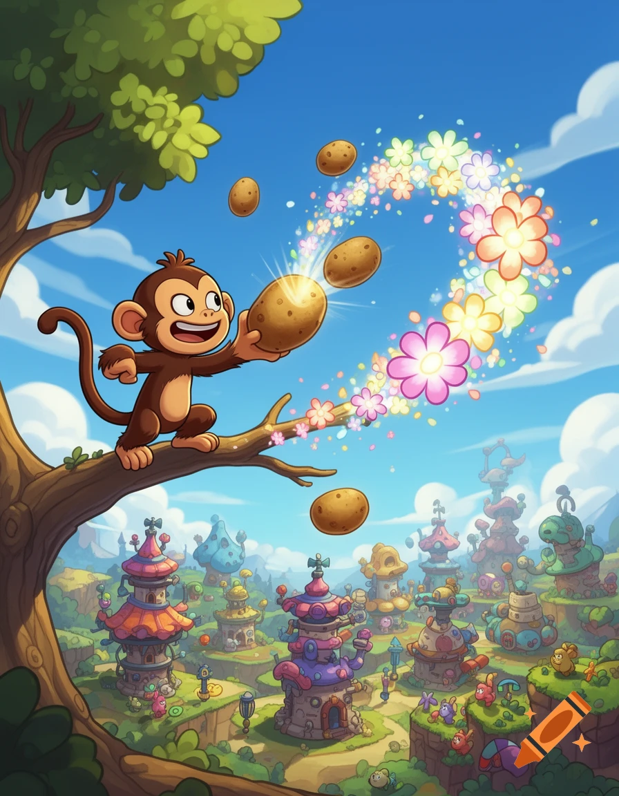 A cheerful cartoon monkey on a tree branch throws glowing potatoes that become colorful flowers over a whimsical fantasy village.