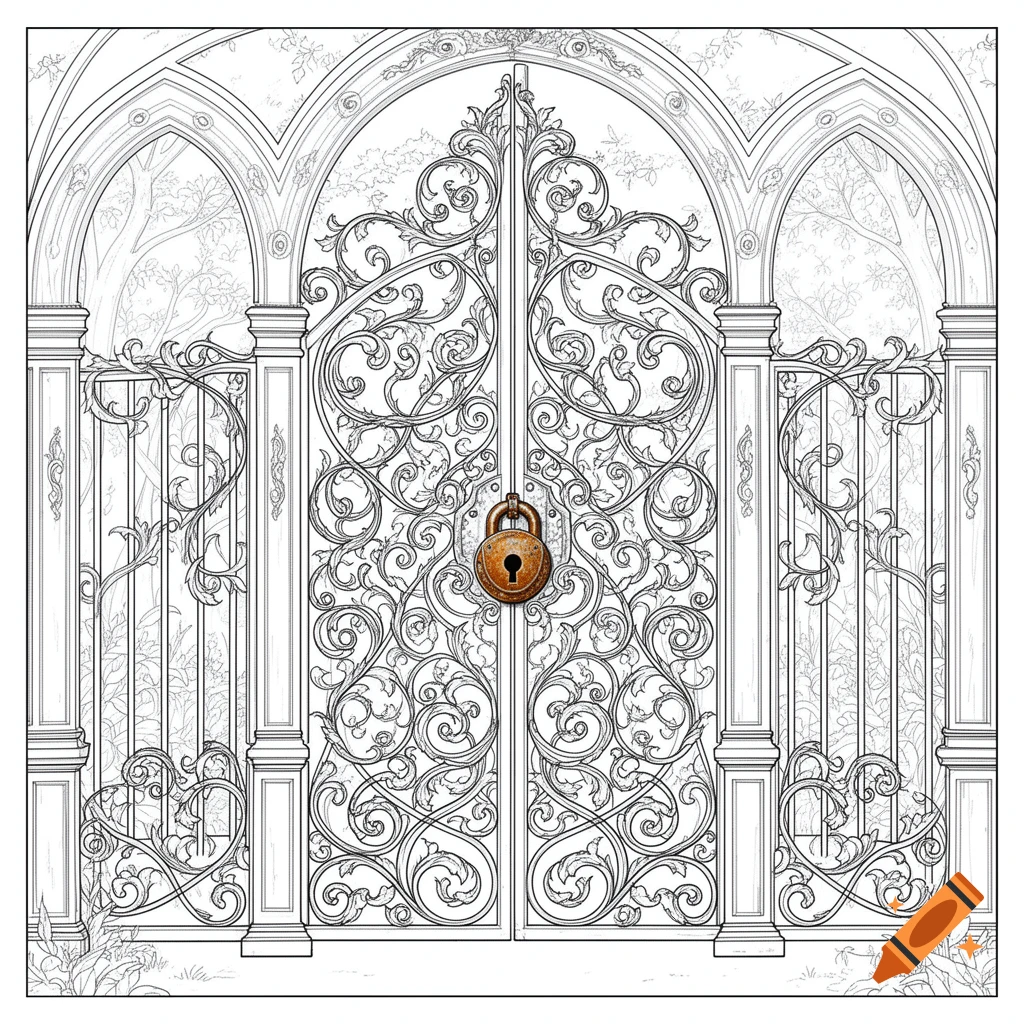 Detailed line drawing of an ornate, locked gate with decorative pillars and arches, suitable for a coloring book.