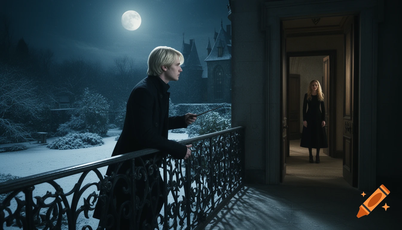 A blonde man on a balcony with a wand looks toward a woman standing in a doorway, with a snowy garden and full moon at night. Photorealistic.