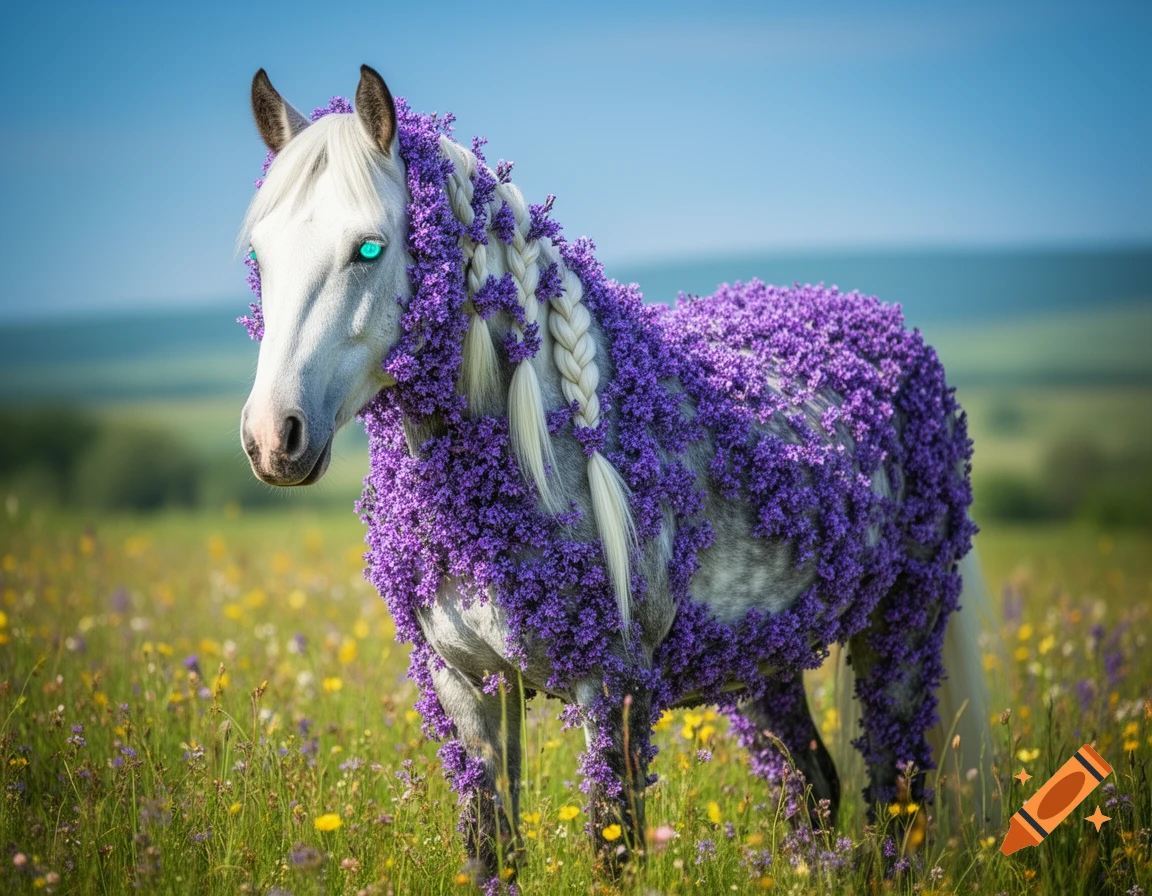 A white and gray horse with turquoise eyes, covered in purple lavender flowers, stands in a wildflower meadow.