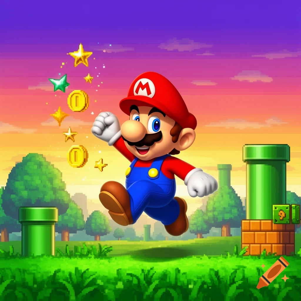 Mario jumps in a vibrant, pixelated landscape with green pipes, collecting golden coins and stars.
