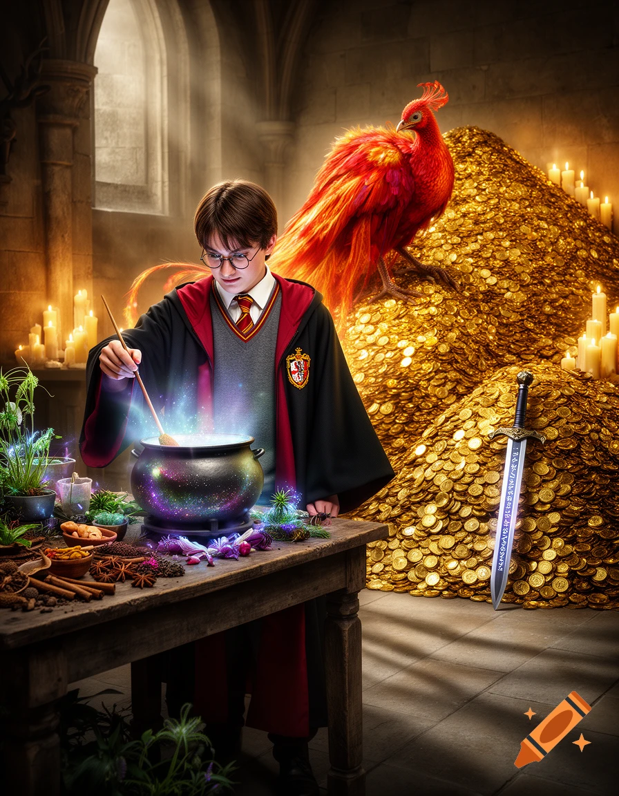 Harry Potter stirring a glowing cauldron with a wand, next to a table of ingredients, a red phoenix on a pile of gold coins, and a magical sword.