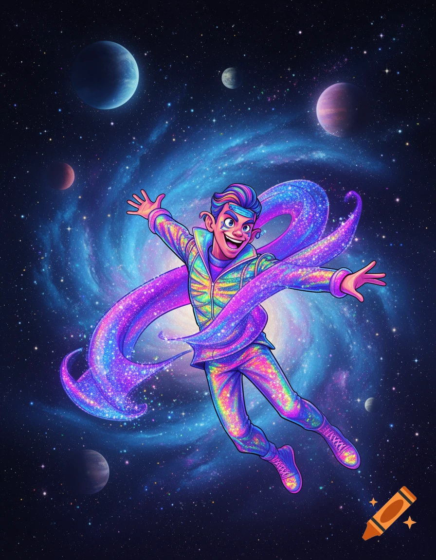 A colorful, glittery cartoon character with a blue headband floats happily in space, surrounded by planets and a swirling galaxy.