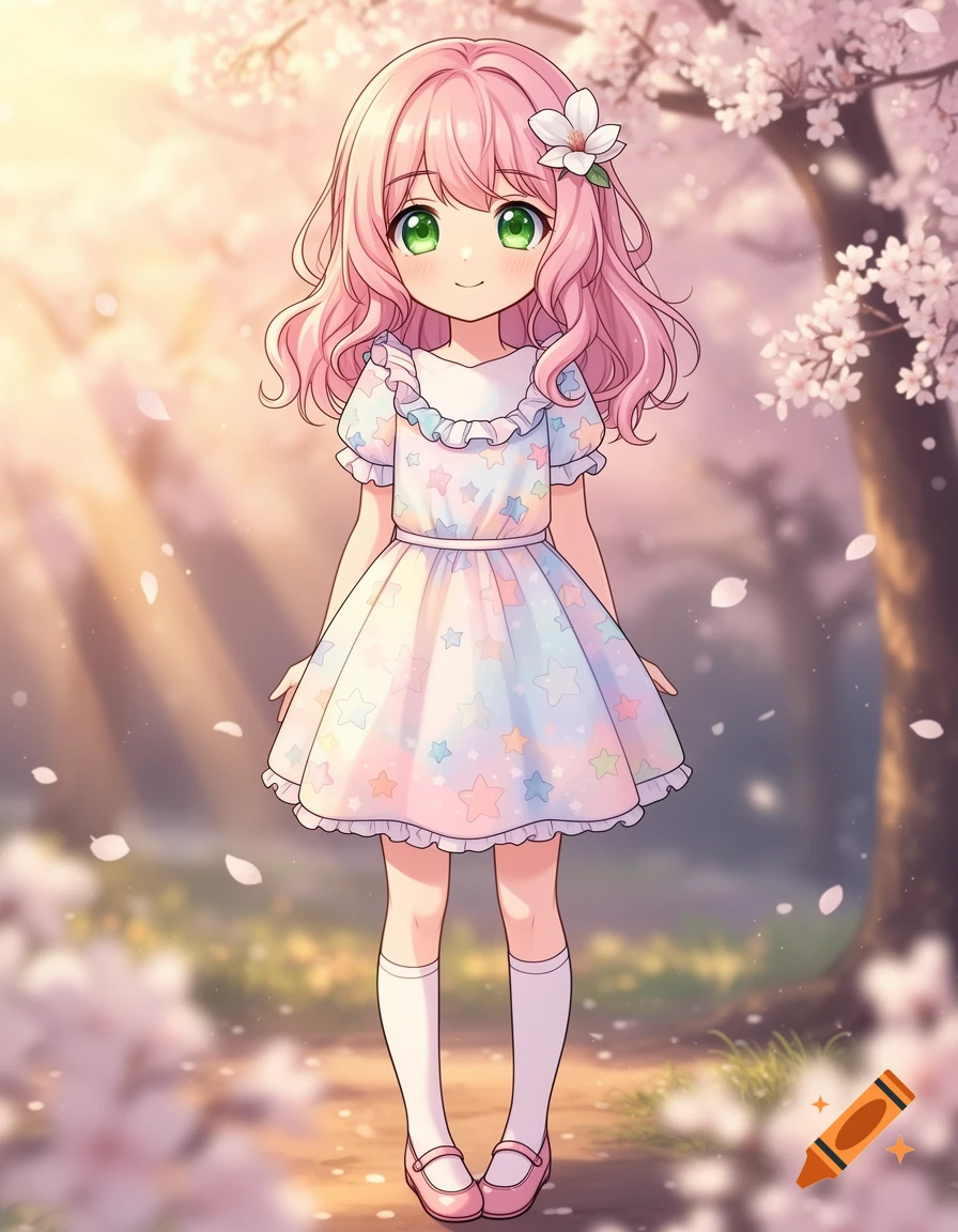 A cute anime girl with pink hair and green eyes, wearing a pastel star-patterned dress, stands under cherry blossoms.