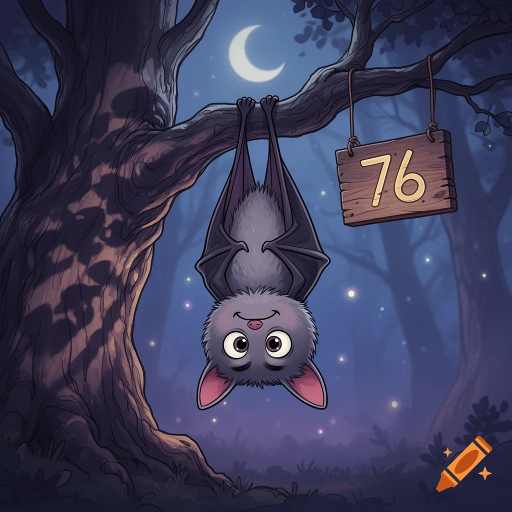 A smiling cartoon bat hangs upside down from a tree branch at night, next to a wooden sign with "76" under a crescent moon.