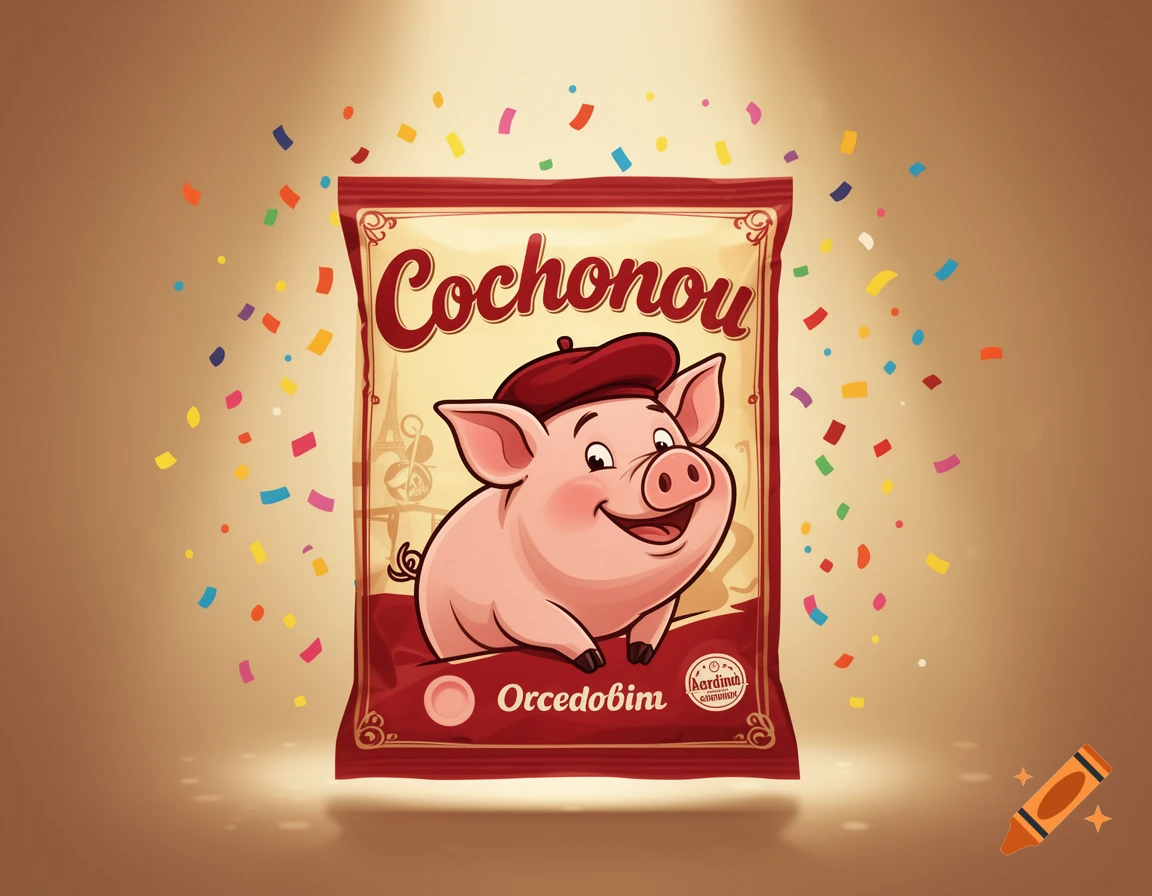 A red and beige package with a cartoon pig wearing a red beret, smiling amidst falling colorful confetti. The package has "Cochonou" text.