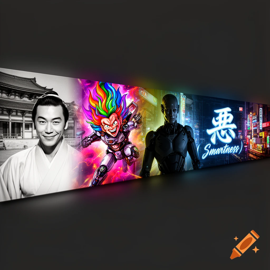 A timeline banner showing a smiling Japanese man, a colorful cartoon villain, a dark cyborg, and a neon-lit cyberpunk city with Japanese text and the word Smartness.