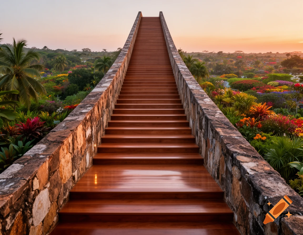 A grand wooden staircase with stone railings ascends through a vibrant tropical garden at sunset, under an orange sky.