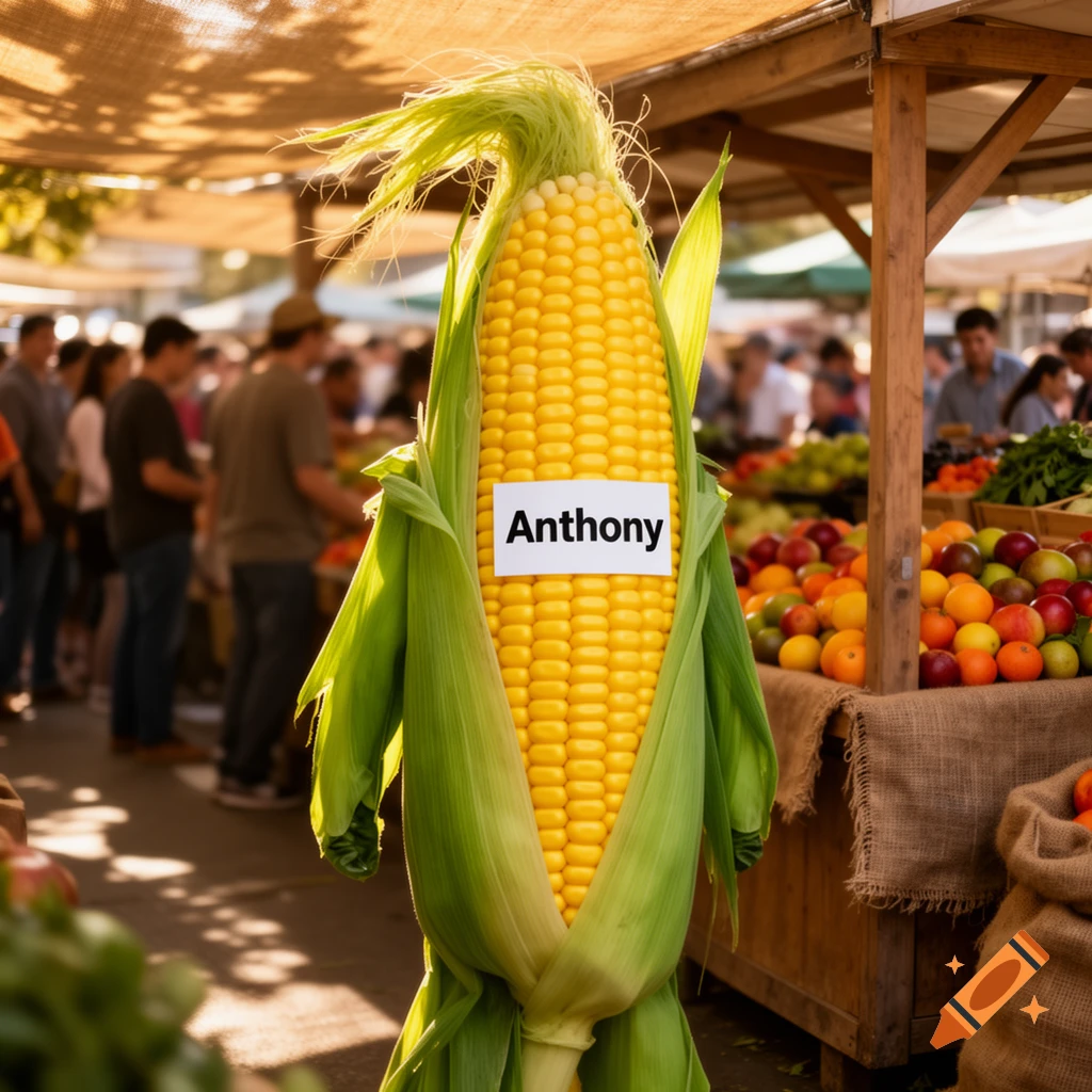 A person in a corn cob costume with a name tag "Anthony" stands at a vibrant outdoor market.