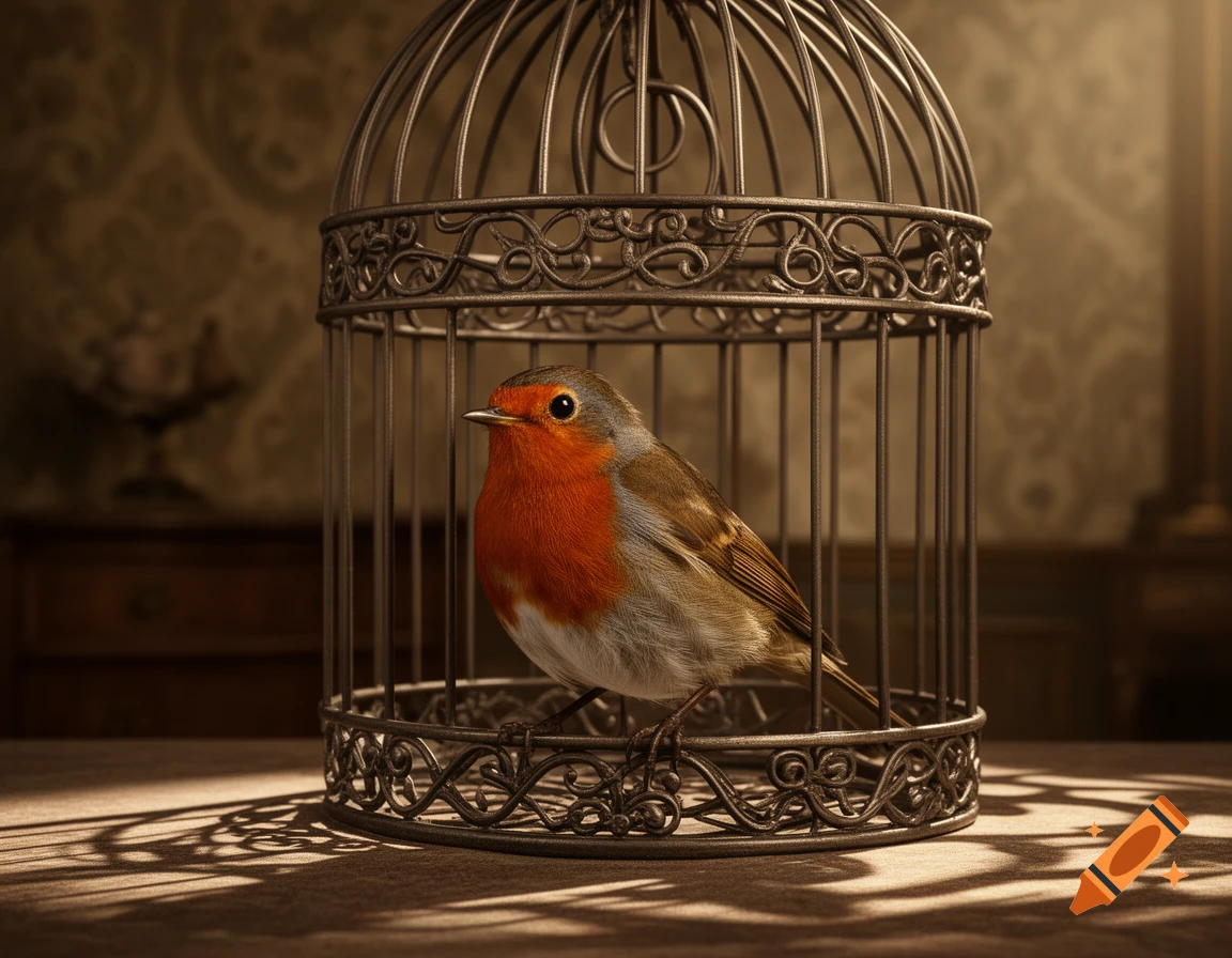 A photorealistic image of a European robin with an orange breast standing inside an ornate metal birdcage on a wooden table.