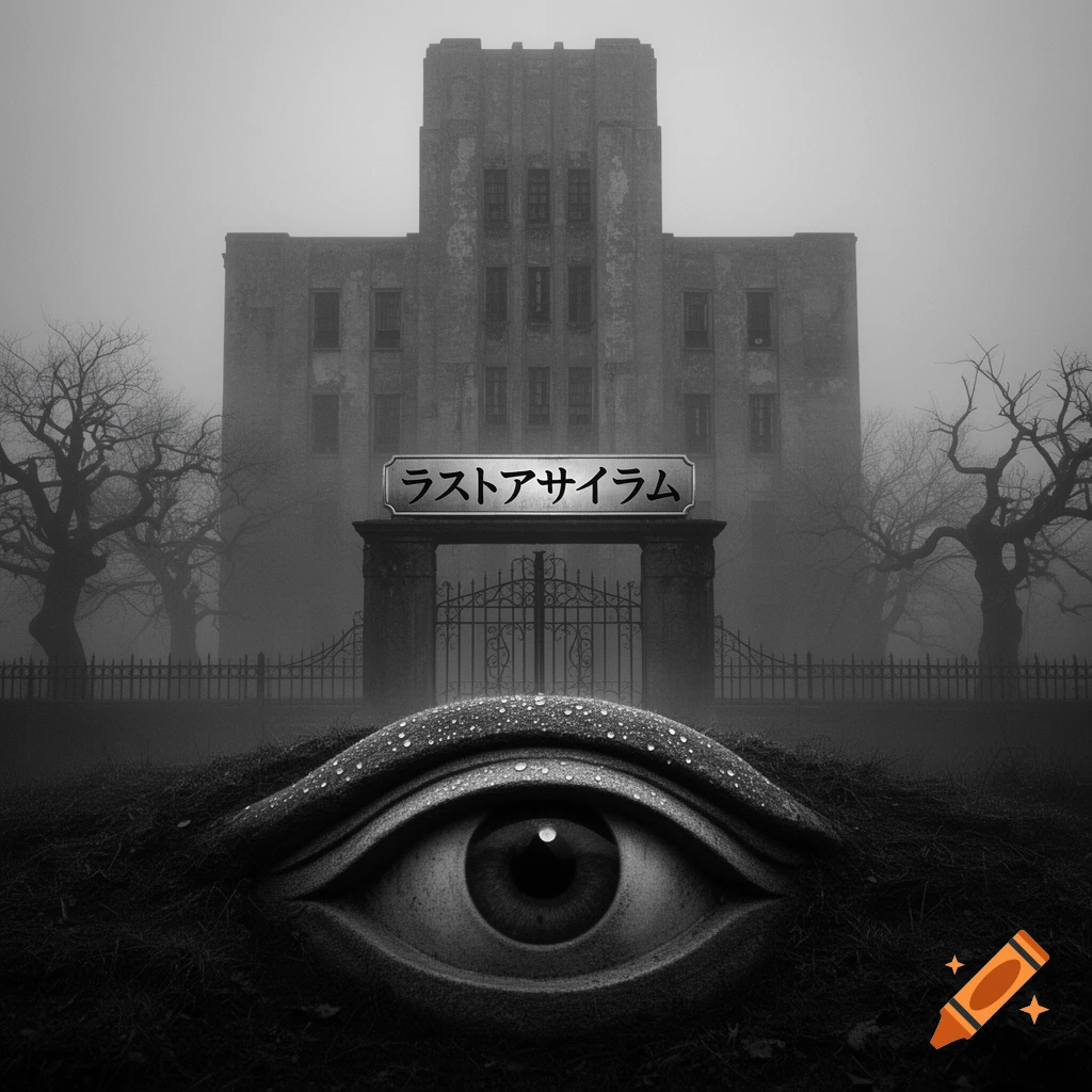 A surreal black and white image of an eye emerging from the ground, facing an eerie, fog-shrouded gothic asylum with a sign reading 'Last Asylum'.