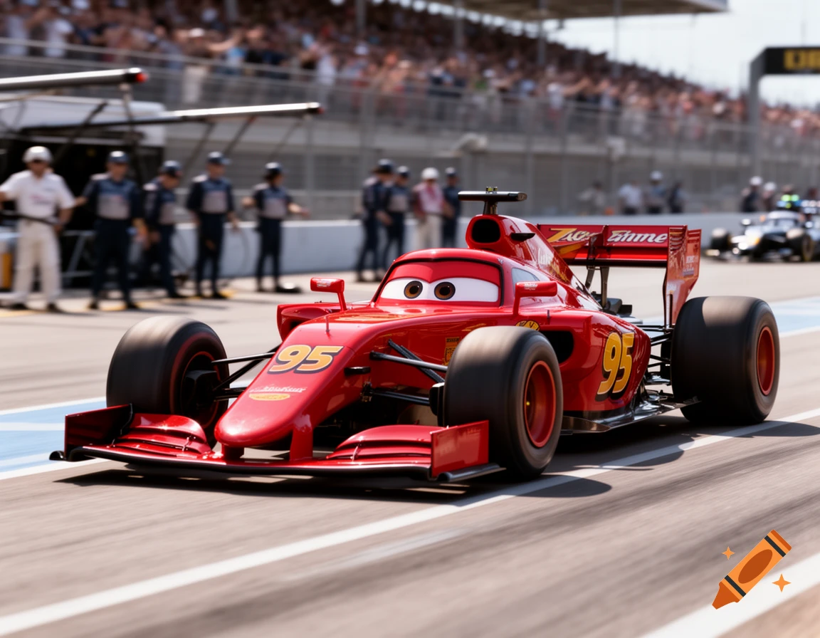 A red Formula 1 racing car featuring Lightning McQueen's face and
