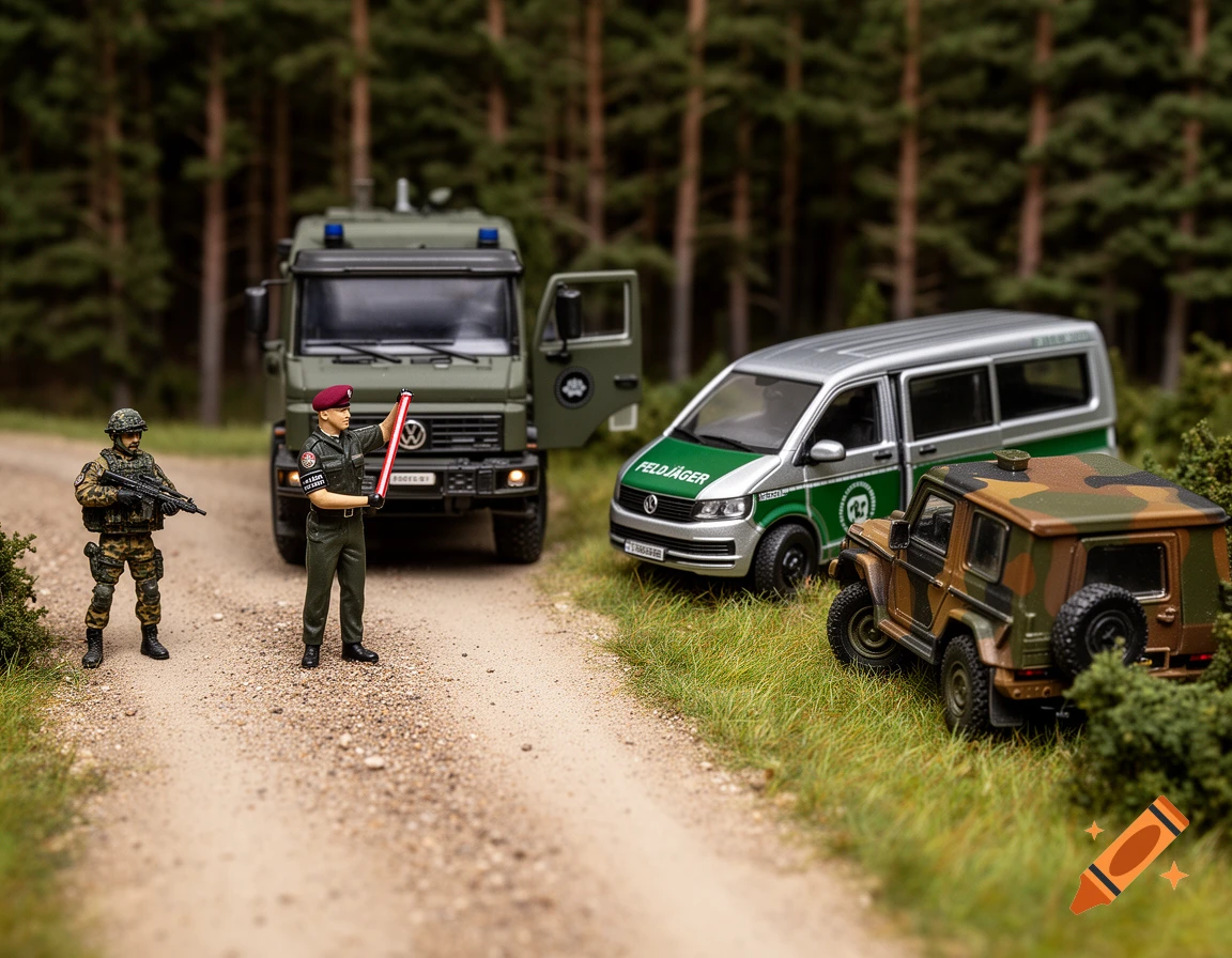 Photorealistic diorama of a German military police checkpoint with miniature soldiers, a truck, van, and utility vehicle on a forest road.