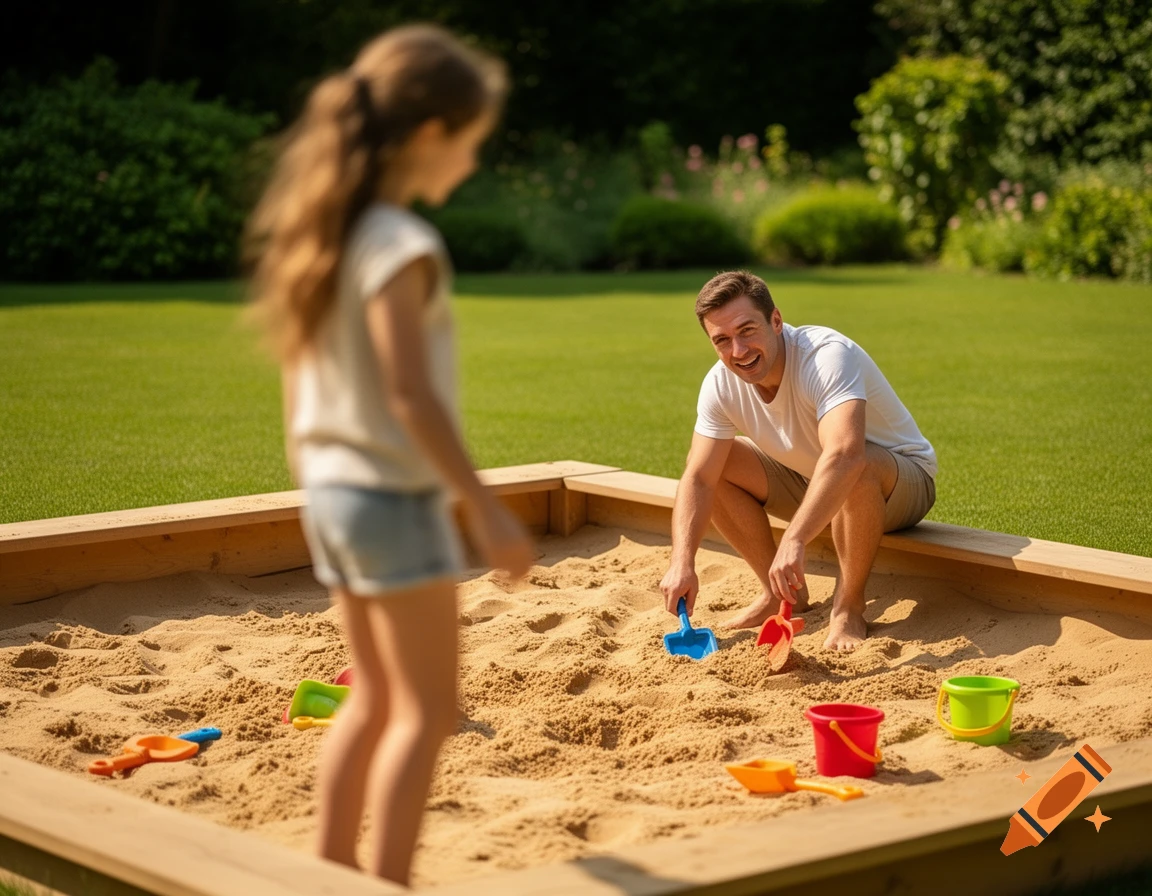 A smiling man and a blurry child play with colorful toys in a sandbox on a sunny day in a green garden.