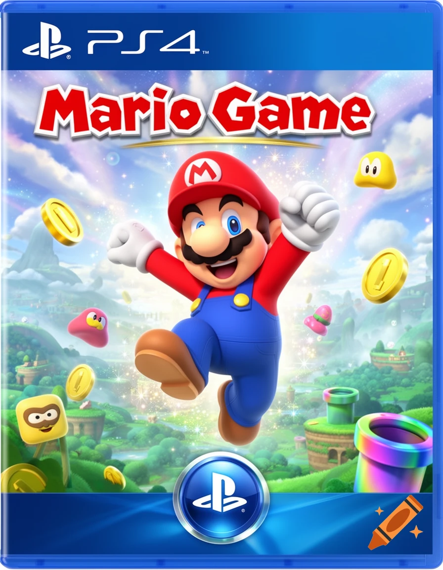 Mario jumps excitedly on a colorful PlayStation 4 game cover, surrounded by floating coins and power-ups in a vibrant landscape.