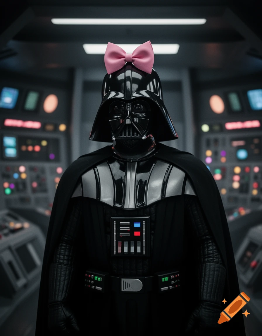 Darth Vader stands in a spaceship control room, wearing a pink bow on his helmet.