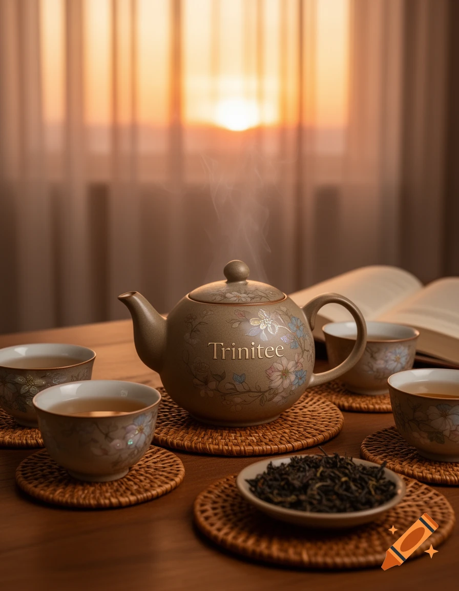 A steaming teapot and teacups with loose leaf tea on a wooden table, against a warm sunset backdrop.