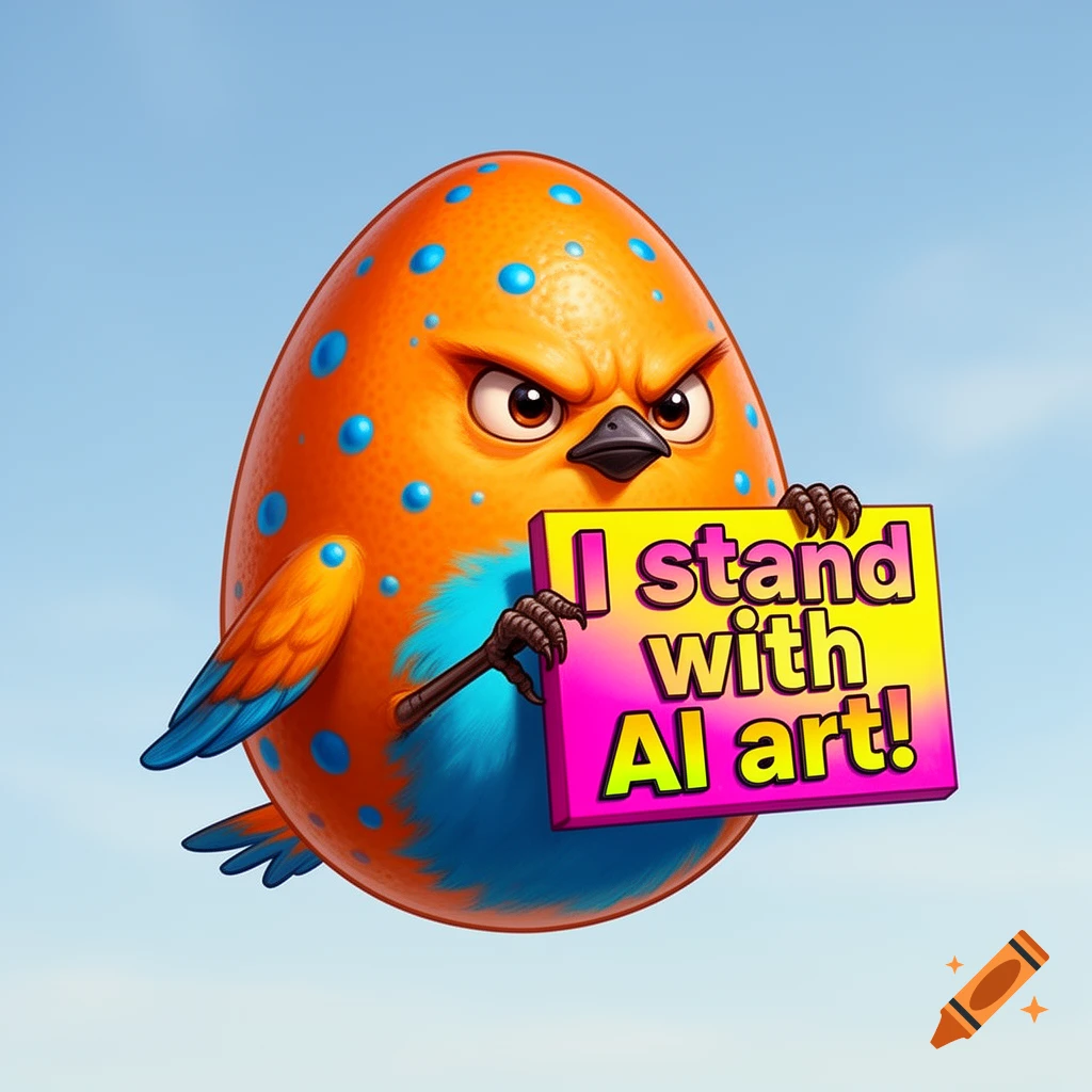 An angry, orange egg-shaped cartoon bird with blue spots and underbelly holds a sign that reads 'I stand with AI art!'.