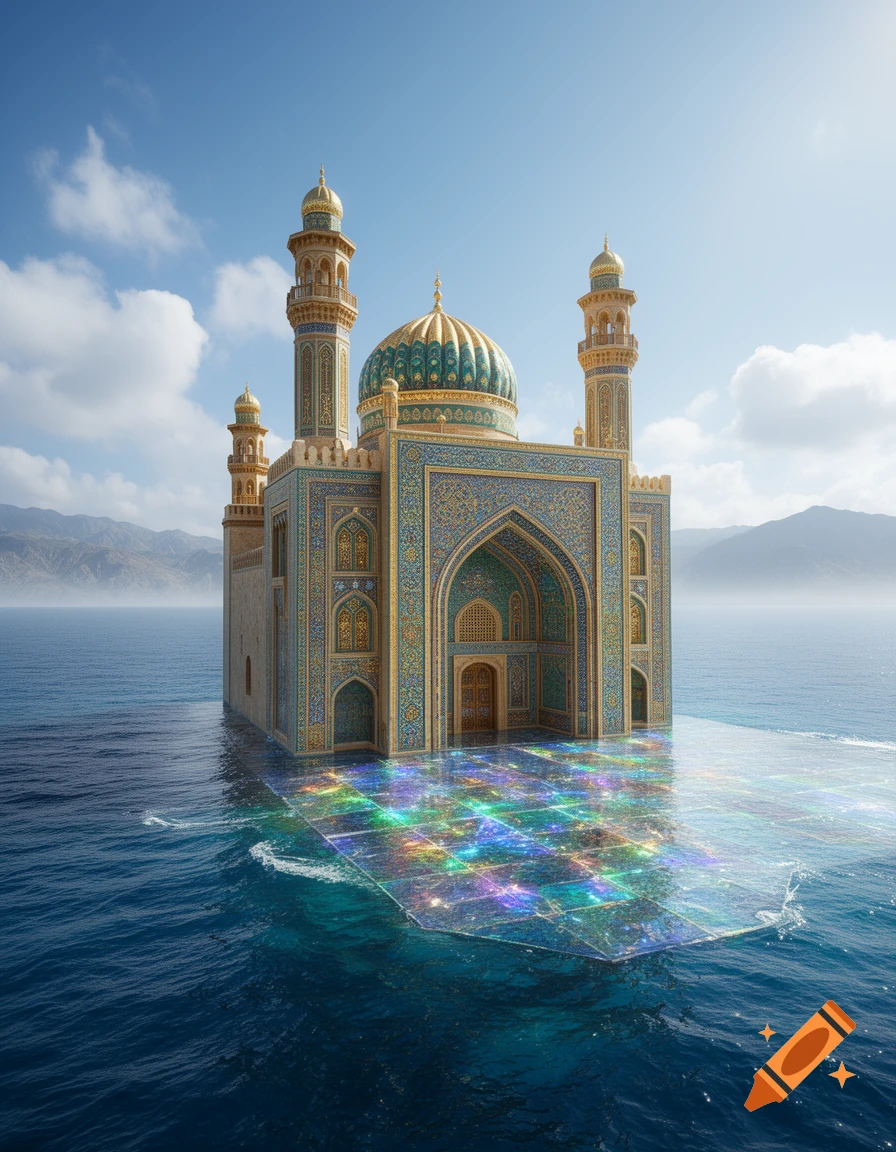 A fantastical Arabian-style mosque with a gold dome and blue-patterned walls sits on a glowing crystal platform in a calm blue sea.