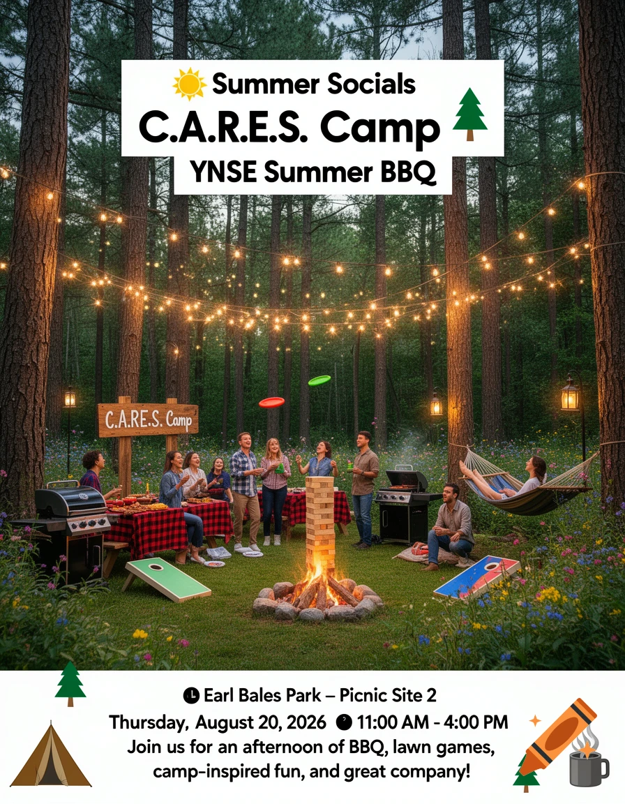 A vibrant summer event poster depicting a corporate BBQ social in a forest. People gather around a campfire, picnic tables with food, and play lawn games like cornhole and frisbee under string lights. Text details the "C.A.R.E.S. Camp YNSE Summer BBQ" event.