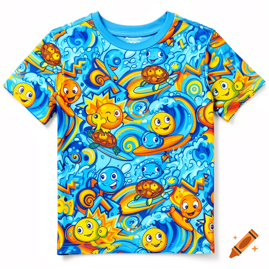 A colorful kid's t-shirt features a vibrant cartoon pattern of happy surfing turtles, waves, and smiling emoji-like faces in blue, yellow, and orange.