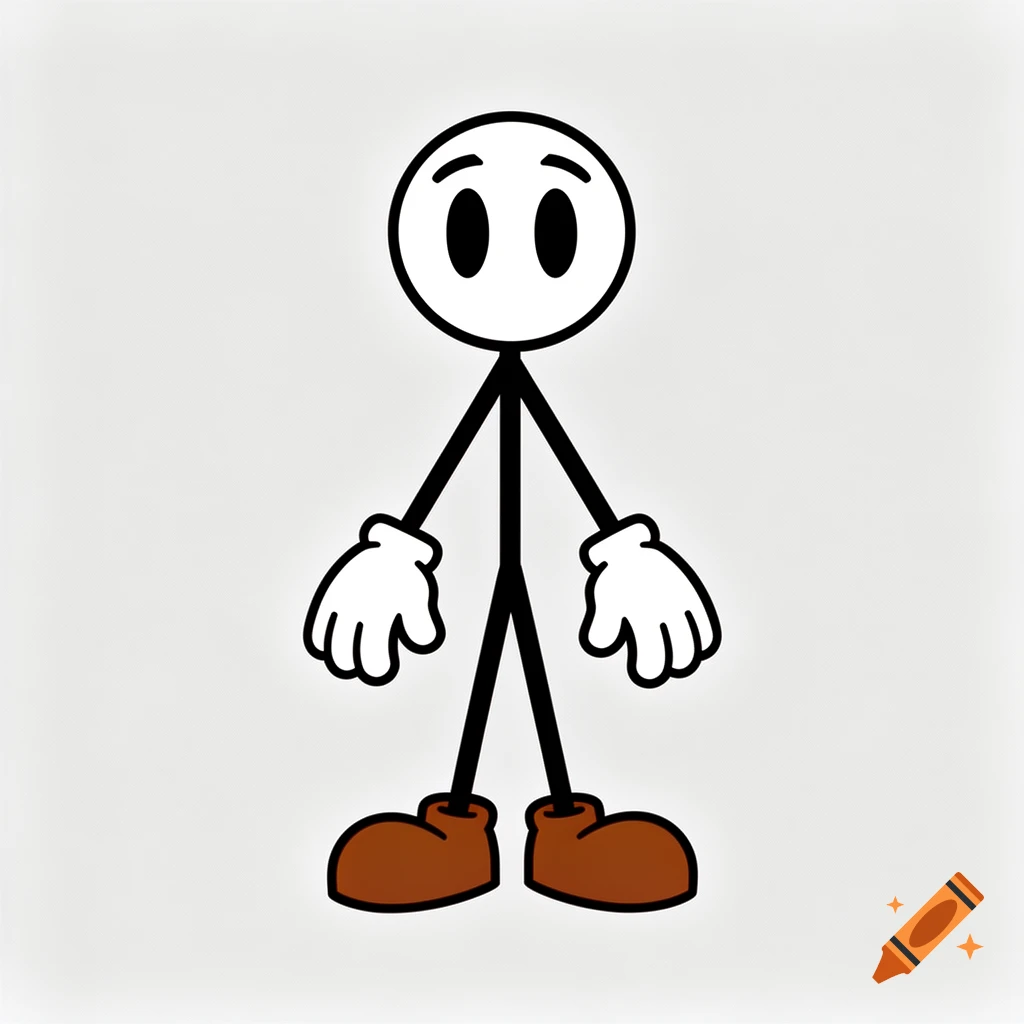 A minimal 2D stick figure character with a white head, black line body, white gloves, and brown shoes, on a light gray background.