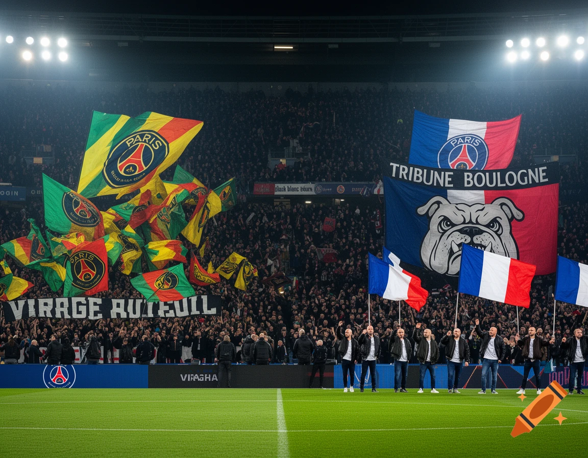 A crowded football stadium with fans waving green, yellow, and red PSG flags and a large banner reading "VIRAGE AUTEUIL." On the right, a large banner features a bulldog head and the words "TRIBUNE BOULOGNE," flanked by fans holding French flags.